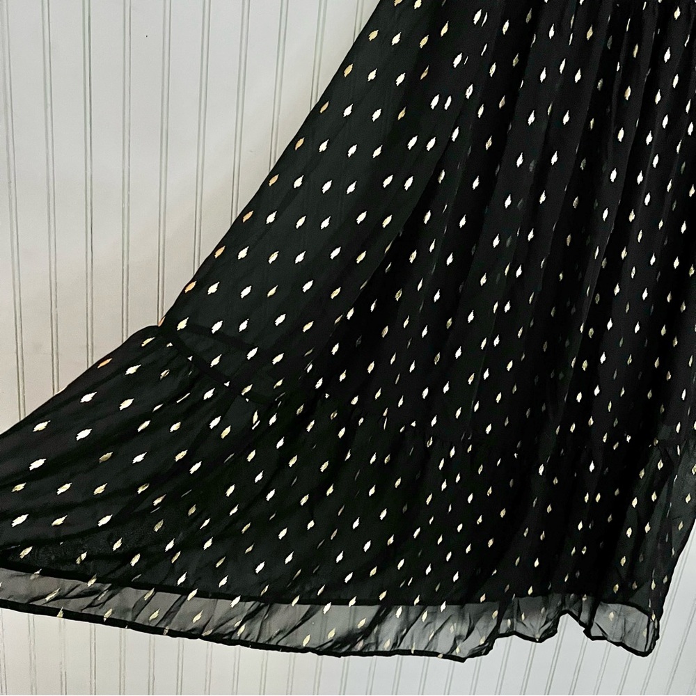 INC Georgette Tiered Ruffle Black Maxi Skirt with Gold Accents Drawstring